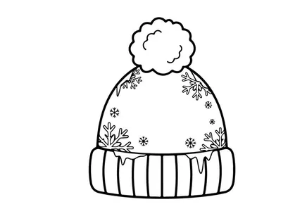 Topi beanie musim dingin dengan pola bunga salju dan pom pom, ilustrasi seni garis hitam putih.