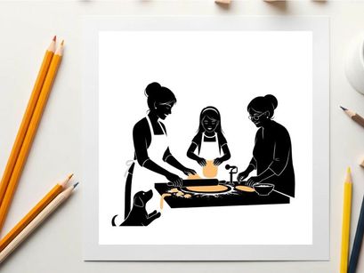 Silhouette of three people preparing food together in a kitchen setting