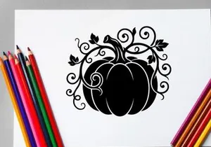 Silhouette of a pumpkin with swirling vine patterns for autumn decor