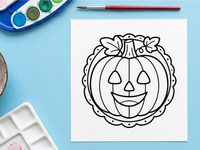 Hand-drawn Halloween pumpkin jack-o-lantern illustration. Vintage style spooky carved face with floral wreath decoration.