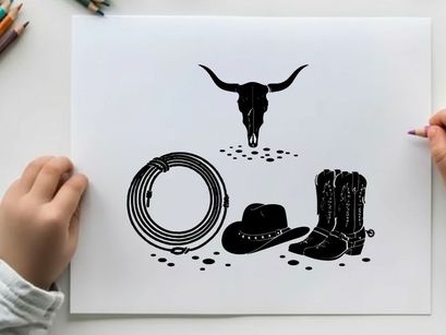 Western cowboy silhouette with bull skull and rodeo gear