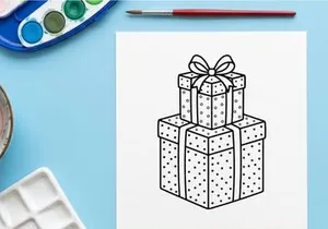 Christmas gift boxes with ribbons, black and white line art drawing for coloring page.