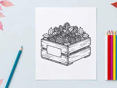 Christmas wooden crate with pine cones and holly leaves line art illustration