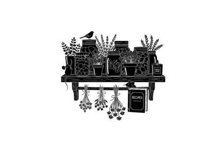 Silhouette of a bird on a shelf with potted plants and herbs