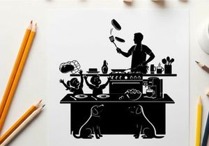 Silhouette of a chef cooking with children and pets