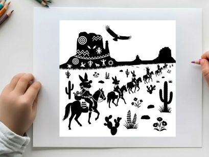 Desert scene with silhouette of cactus horses and rider in southwestern landscape silhouette