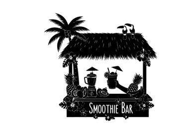 Silhouette of a tropical smoothie bar with palm tree and thatched roof preview picture