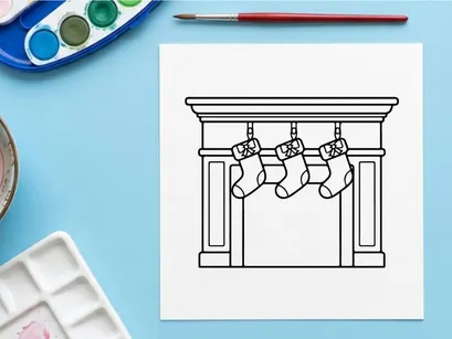 Line art illustration of Christmas stockings hanging on a fireplace