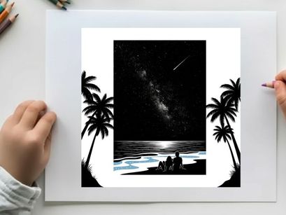 Silhouette of a person on a beach at night with palm trees and milky way