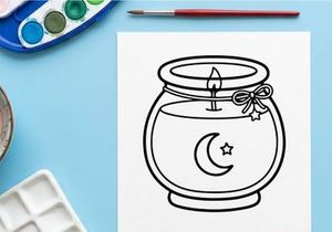 Cute candle line art drawing. Black and white illustration of a moon jar candle.