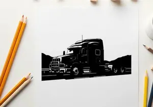 Silhouette of a large truck driving on a highway with mountains