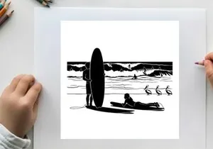 Silhouette of surfer and people at the beach with surfboard