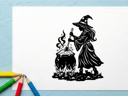 Ilustrasi Siluet Penyihir Sedang Melakukan Mantra dengan Kuali dalam Warna Hitam Putih