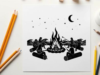 Silhouette of people by campfire under starry night sky silhouette