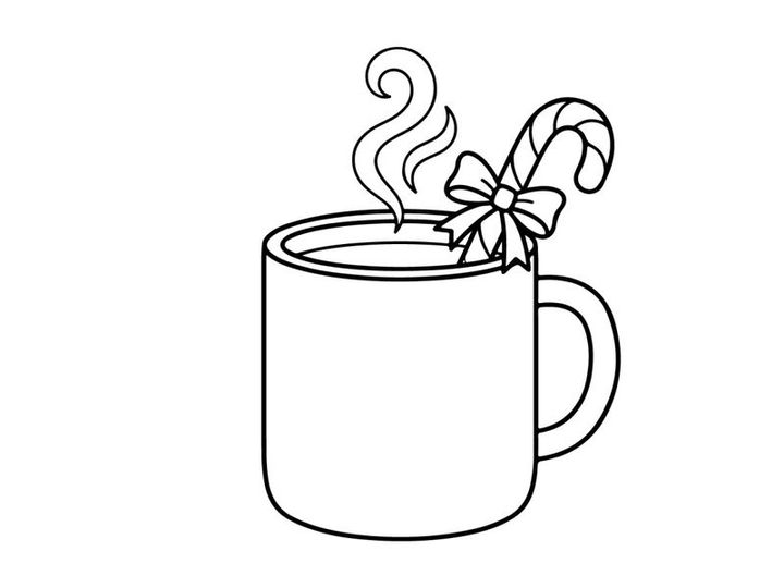 Hot cocoa mug with candy cane and snowflake steam for festive Christmas celebration