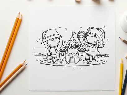 Kids building sandcastle beach fun flat design vector illustration