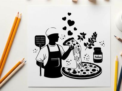 Silhouette of a chef making pizza with love and herbs