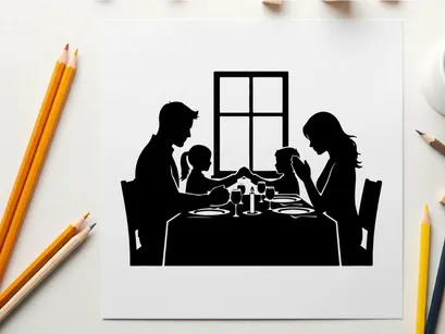 Family dinner in silhouette by the window