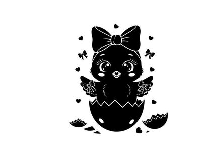 Silhouette of a cute chick emerging from an egg with bow silhouette