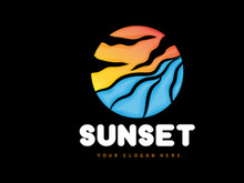 Sunset Logo, Beach Design, River And Sun Illustration, Vector Enjoying The Twilight