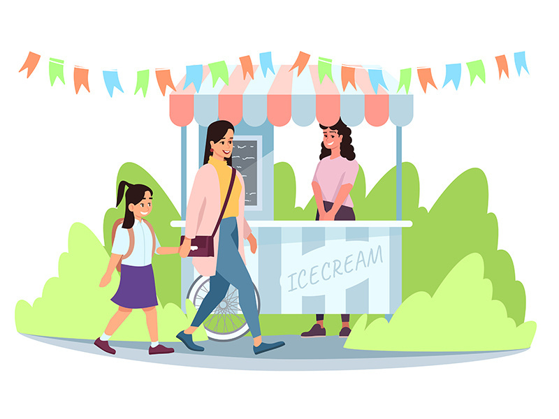 Ice cream street market cart with seller flat vector illustration