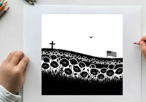 Silhouette of poppies cross and american flag on a hill