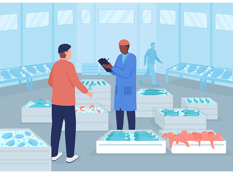 Wholesale seafood market flat color vector illustration