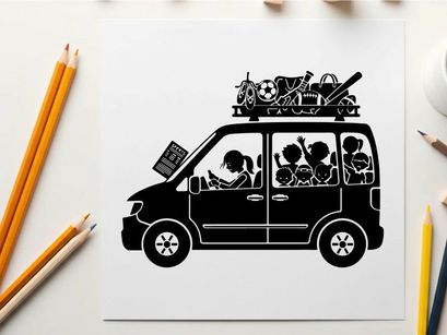 Silhouette of a family's road trip adventure in a van
