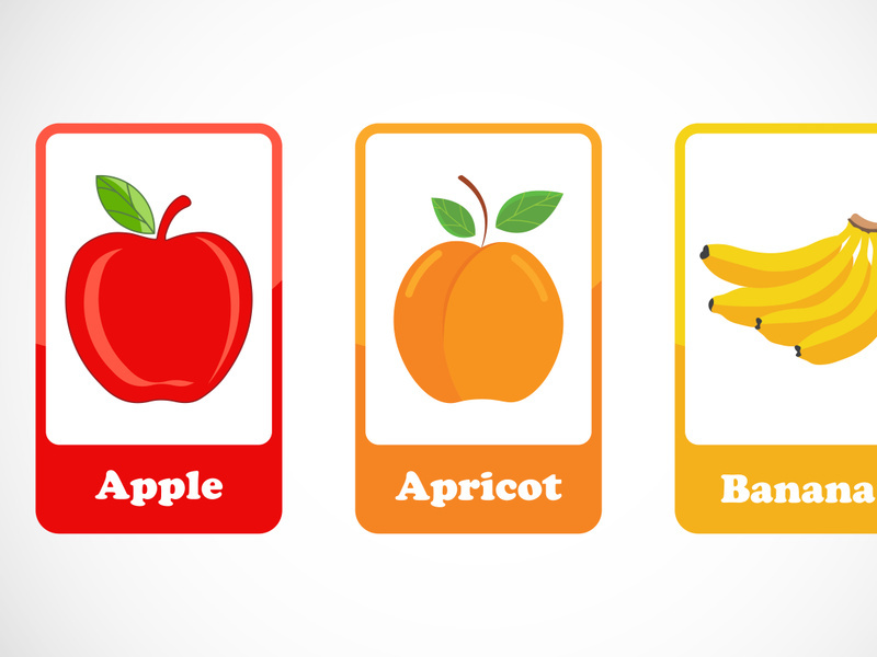 Fruit flashcards for kids. Educational cards for preschool. Printable vector illustration