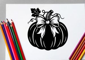 Stylized Halloween Pumpkin with Bow and Leaf Illustration