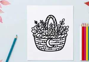 Cesta tejida a mano llena de lirios blancos. Ilustración de regalo floral para celebraciones y decoración.