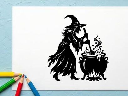 Witch Stirring Potion in Cauldron for Halloween or Fantasy Scene