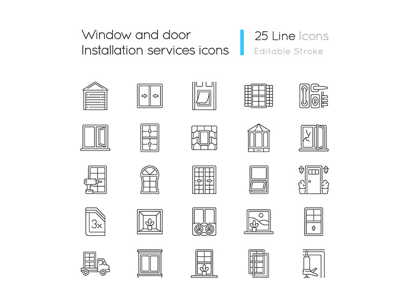 Window and door installation service linear icons set