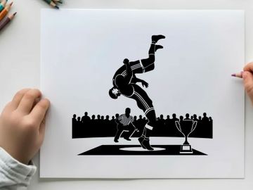 Silhouette of gymnast performing flip with trophy and referee preview picture