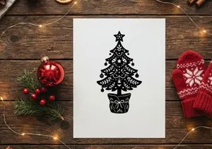 Stylized Christmas Tree in Pot with Star and Ornaments for Holiday Decor