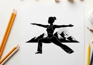 Silhouette of woman in yoga pose with mountain range silhouette