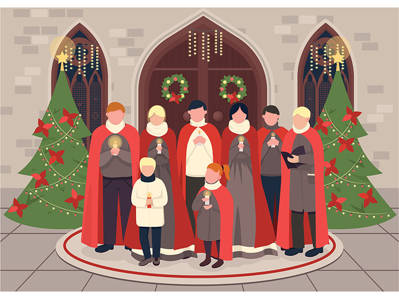 Christmas carol choir flat color vector illustration