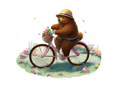 Bear riding a bike in floral countryside road, isolated in white background.