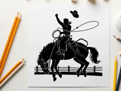 Cowboy riding horse silhouette with lasso and hat