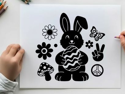 Easter bunny silhouette with floral and peace symbols