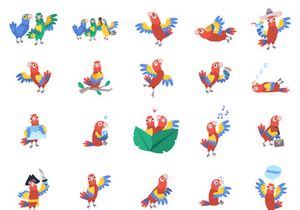 Funny cartoon parrots vector illustrations set.