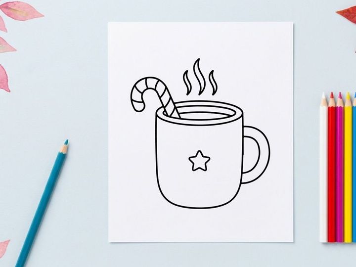 Steaming Christmas coffee mug with candy cane stirrer and festive star design on white background