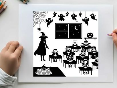 Halloween classroom scene with witch and children in silhouette