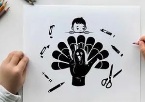 Child behind a silhouette turkey craft with art supplies