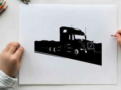 Silhouette of a semi truck driving on a highway with mountains