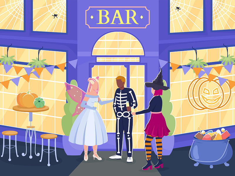 Halloween party at night bar flat color vector illustration