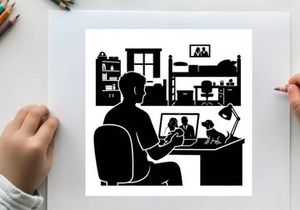 Silhouette of a man working on laptop in a cluttered home office space silhouette