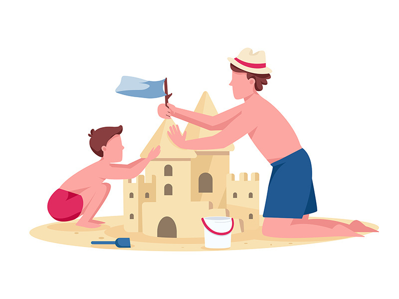 Father and son building sandcastle flat color vector faceless characters