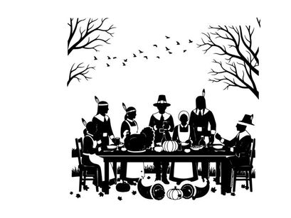 Black silhouette of family in thanksgiving dinner table setting