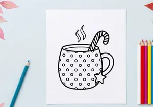 Steaming hot coffee mug with star and candy cane on Christmas morning celebration